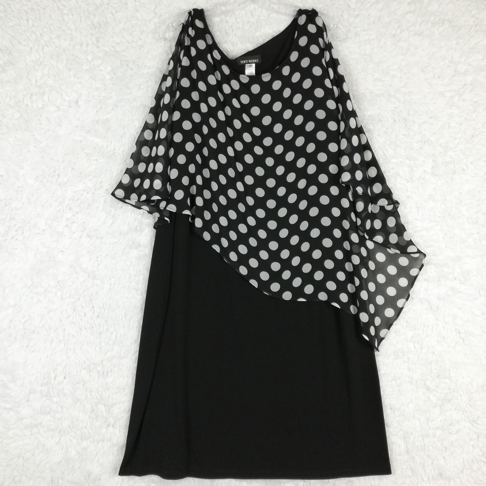 Soft‎ Works Womens Dress Overlay Black White Dot Poncho Knee Length Slit XL